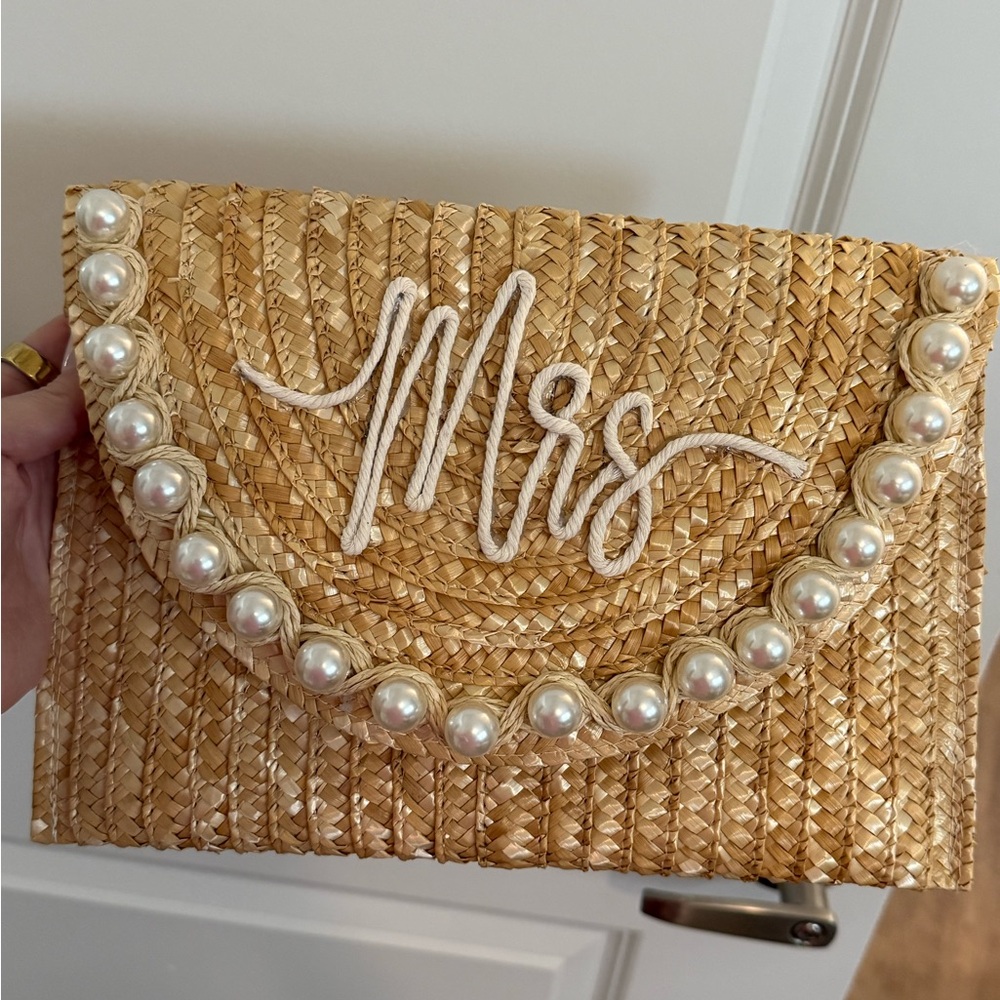 Elegant Tan Clutch with Pearl Accents